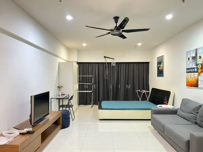 Living features: grey fabric sofa, black bed frame with mattress, wooden TV console, flat-screen TV, ceiling fan with light, white painted walls, glossy white tile flooring, black curtains, decorative artwork on wall, folding drying rack, small dining table with chair; style: modern.