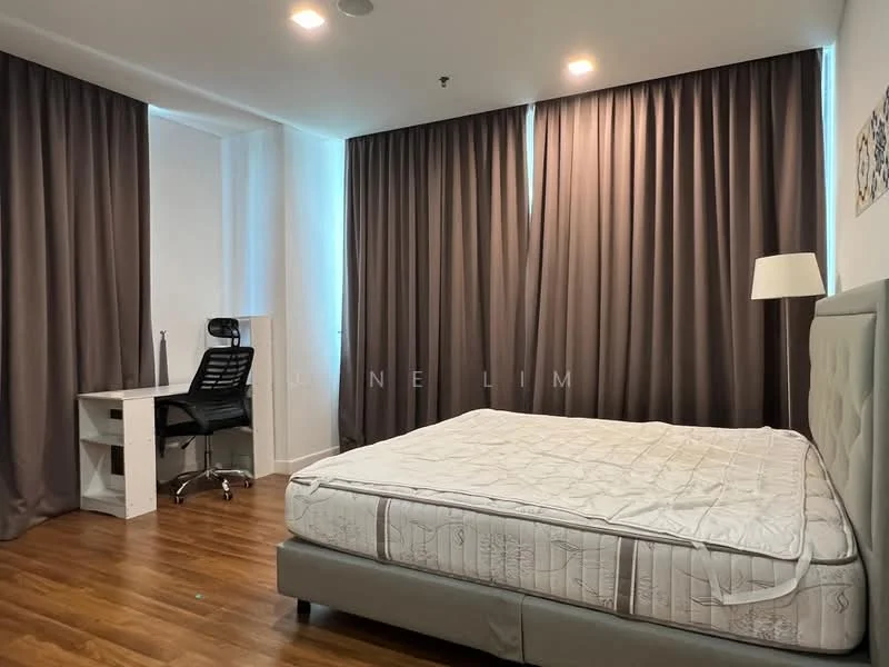 Bedroom features: queen-size bed, upholstered headboard, wooden flooring, floor-to-ceiling windows, dark grey curtains, desk with chair, table lamp, wall-mounted artwork; style: modern.