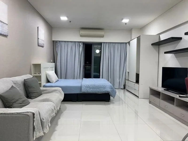 Living features: 2 single beds with blue bedding, sofa with light grey upholstery, white wall-mounted TV unit, floor-to-ceiling sliding glass door, curtains in light grey, white tiled flooring, air conditioning unit on ceiling, wall art with landscape prints, built-in wardrobe, white cabinetry, recessed ceiling lights; style: modern.
