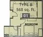 Floor plan: 1-bedroom 1-bathroom unit; features: open-plan kitchen-dining-living, master bedroom with ensuite bathroom, utility room, central foyer, 1 car porch, 568 sqft built-up.