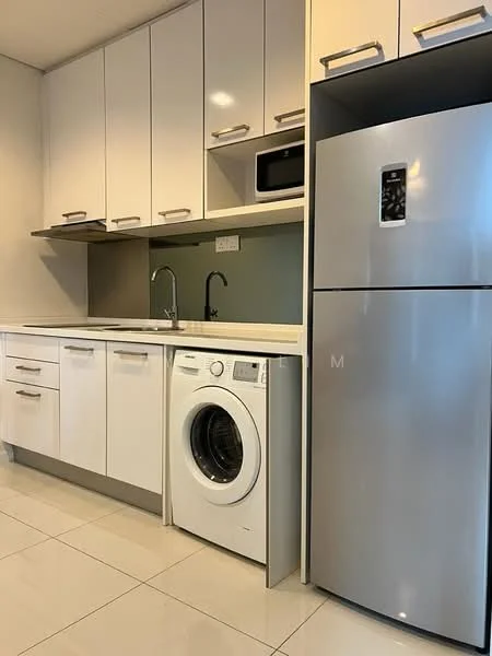Kitchen features: white cabinetry with handle-less design, stainless-steel fridge, built-in microwave, double-bowl stainless-steel sink, chrome pull-down faucet, front-load washing machine, white countertop, glossy tile flooring, green accent wall, recessed downlights; style: modern.