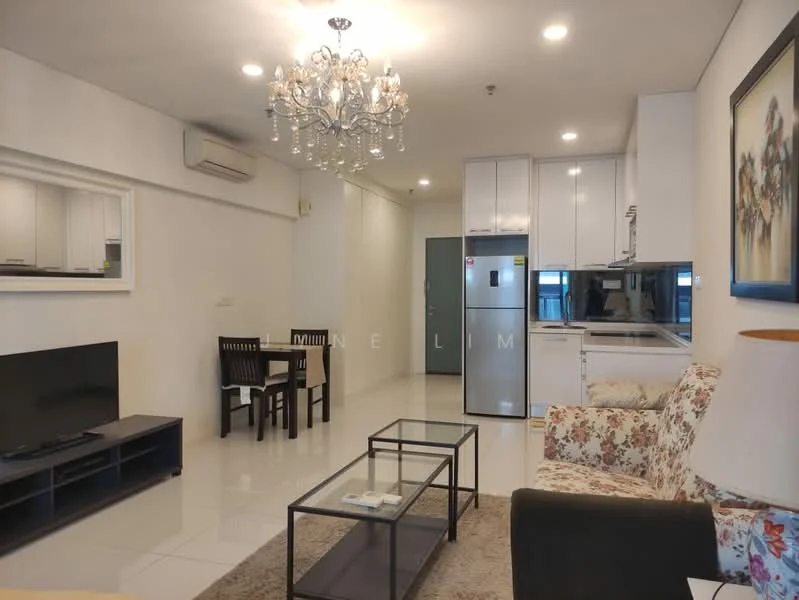 Living features: chandelier, recessed downlights, white painted walls, glossy tile flooring, 3-seater fabric sofa in dark green, floral-patterned armchair, glass coffee table, TV console, wall-mounted TV, dining table for 2, stainless-steel fridge, kitchen cabinetry with white finish, open kitchen layout; style: modern.