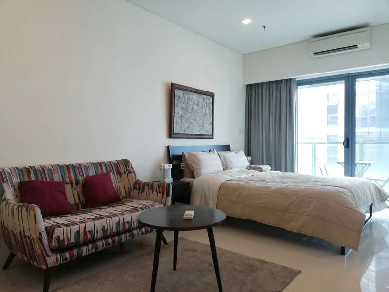 Room features: queen-size bed with white bedding, striped fabric sofa in multicolor, round black coffee table, light-colored area rug, floor-to-ceiling windows, sliding glass door, curtains, wall-mounted air conditioning unit, framed artwork on wall, wooden bedside table; style: modern; view: city.