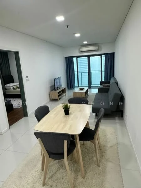 Living features: white painted walls, tile flooring, 5-blade ceiling fan with light, sofa in grey fabric, TV console, wall-mounted TV, area rug, sliding glass door, floor-to-ceiling windows, curtains in blue, dining table with 4 chairs, indoor plant; style: modern; view: city.