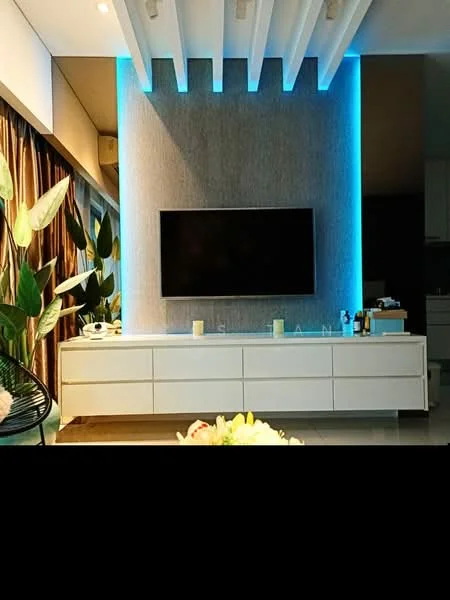 Living features: wall-mounted TV, white media console, recessed ceiling lights, blue LED accent lighting, textured feature wall, floor-to-ceiling windows, curtains, indoor plants, decorative items on console, polished tile flooring; style: modern.