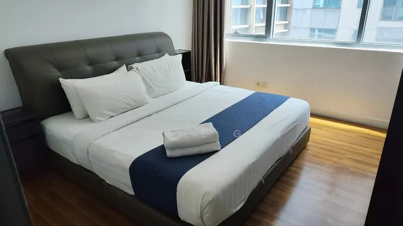Bedroom features: king-size bed, upholstered headboard, white bedding, blue accent runner, 2 white pillows, wooden flooring, floor-to-ceiling windows, curtains, nightstand, lamp on nightstand; style: modern; view: city.