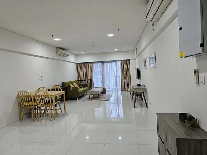 Living features: white painted walls, glossy white tile flooring, 5-blade ceiling fan, wall-mounted TV, sofa in green fabric, coffee table, area rug, large windows with sheer curtains, dining table with 4 wooden chairs, side table, air conditioning unit; style: modern.