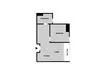 Floor plan: 1-bedroom 1-bathroom unit; features: open-plan kitchen-living, bedroom with window, central foyer, utility room, 1 car porch.