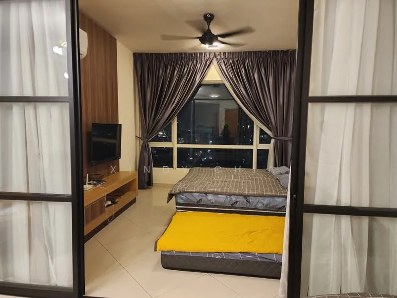 Bedroom features: queen-size bed, single bed, upholstered headboard, wooden bedside table, wall-mounted TV, floor-to-ceiling windows, grey curtains, cream walls, ceiling fan, tile flooring, decorative wall paneling, city view; style: modern; view: city.