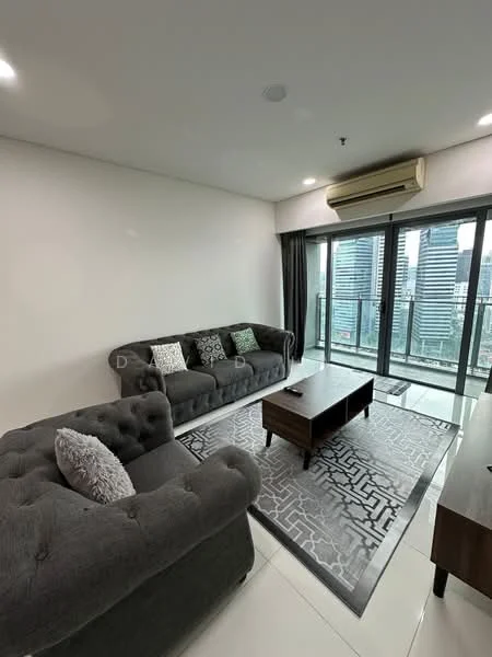 Living features: 2 grey tufted fabric sofas, coffee table, area rug with geometric pattern, floor-to-ceiling windows, curtains, wall-mounted air conditioning unit, light ceiling, white painted walls, tile flooring; style: modern; view: city.