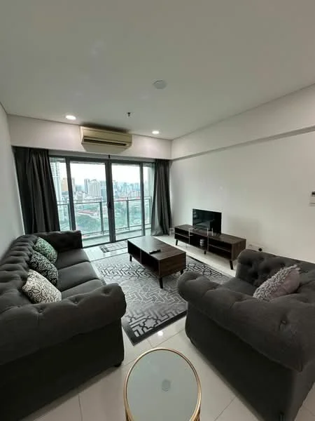 Living features: 2-seater fabric sofa in grey, 3-seater fabric sofa in grey with tufted design, coffee table, TV console, wall-mounted TV, area rug with geometric pattern, floor-to-ceiling windows, blackout curtains, air conditioning unit, decorative cushions; style: modern; view: city.