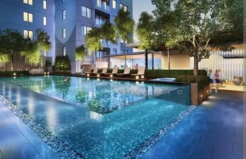 Exterior type: high-rise condominium; features: infinity pool, pool deck with loungers, landscaped garden with trees, ambient lighting around pool, stone-paved walkway, water feature, seating area with shade, surrounding greenery; style: modern.