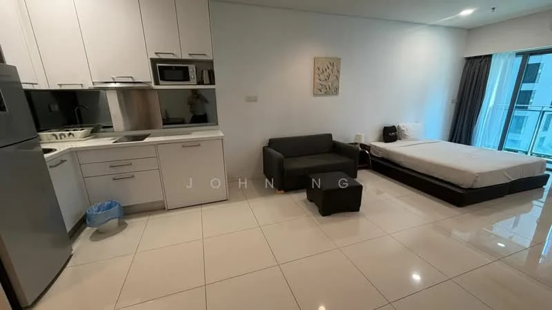 Kitchen features: white cabinetry, stainless-steel fridge, built-in microwave, single-bowl stainless-steel sink, chrome pull-down faucet, ceramic tile backsplash, countertop with integrated cooktop, kitchen island, open shelving; style: modern. Living features: 2-seater fabric sofa in grey, coffee table, wall-mounted TV, area rug, floor-to-ceiling windows, curtains; style: modern. Bedroom features: queen-size bed, upholstered headboard, bedside lamp, built-in wardrobe, sliding mirror wardrobe; style: modern.