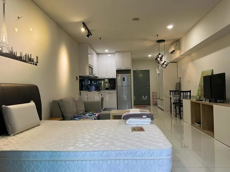 Living features: white painted walls, glossy tile flooring, sofa with grey upholstery, wooden coffee table, TV console, wall-mounted TV, recessed downlights, air conditioning unit, decorative wall art, dining table with chairs, open kitchen layout, kitchen cabinets, stainless-steel sink, built-in oven, microwave; style: modern.