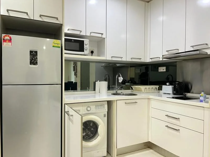 Kitchen features: white cabinetry, stainless-steel fridge, built-in microwave, single-bowl stainless-steel sink, chrome pull-down faucet, white washing machine, black countertop, glass backsplash, stainless-steel range hood, 4-burner gas hob, under-cabinet lighting, tile flooring, recessed downlights; style: modern.