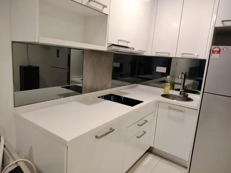 Kitchen features: white cabinetry, white countertop, stainless-steel sink, chrome pull-down faucet, glass backsplash, built-in oven, stainless-steel fridge, recessed lighting, tile flooring, modern cabinet handles, open shelving; style: modern.