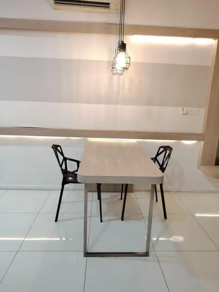 Dining features: rectangular dining table with light wood top, metal frame for table, two black dining chairs with geometric design, white tiled flooring, wall-mounted air conditioning unit, strip lighting along the wall, neutral wall color with horizontal stripes, pendant light fixture; style: modern.