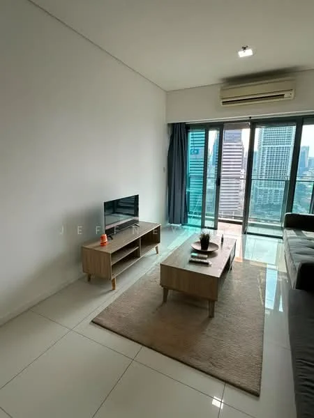 Living features: white painted walls, glossy tile flooring, floor-to-ceiling windows, sliding glass door, grey fabric sofa, wooden coffee table, area rug, wall-mounted TV, air conditioning unit, curtains, decorative plant; style: modern; view: city.