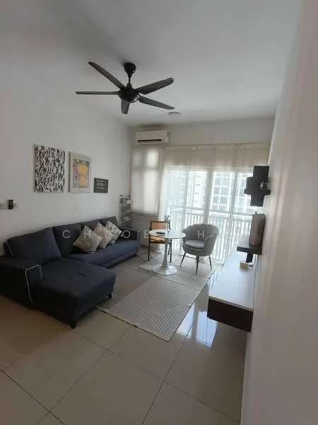 Living features: 3-seater fabric sofa in dark grey, 5-blade ceiling fan with light, wall-mounted TV, TV console, area rug with geometric pattern, coffee table, large windows with sheer curtains, white painted walls, cream tiled flooring, decorative artwork on walls, accent chair in light grey; style: modern; view: city.