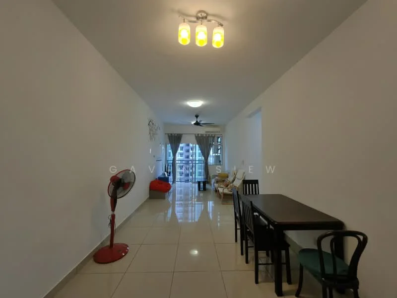 Living features: white painted walls, glossy ceramic tile flooring, recessed ceiling lights, ceiling fan, large windows with sheer curtains, dining table with black chairs, red standing fan, seating area with armchairs, decorative wall art; style: modern.