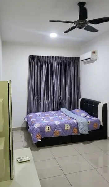 Bedroom features: queen-size bed with black upholstered headboard, purple bedding with cartoon pattern, white painted walls, grey curtains, wall-mounted split AC, 5-blade ceiling fan, glossy tile flooring, nightstand with remote control; style: modern.