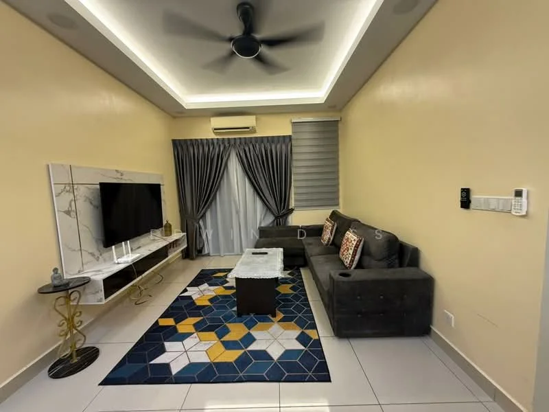 Living features: grey fabric sectional sofa, coffee table, TV console with marble top, wall-mounted TV, area rug with geometric pattern, 5-blade ceiling fan with light, recessed lighting, curtains, sliding window with blinds, decorative cushions; style: modern.
