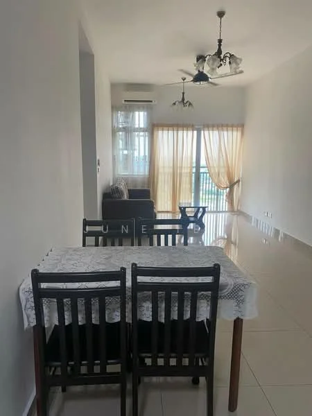 Dining features: dining table with lace tablecloth, 4 wooden dining chairs, white painted walls, glossy tile flooring, 5-blade ceiling fan with light, recessed downlights, floor-to-ceiling windows, curtains in light fabric, sofa in living area visible, air conditioning unit on wall; style: modern; view: city. Living features: sofa, coffee table, TV console, area rug, floor-to-ceiling windows, curtains in light fabric, glossy tile flooring; style: modern; view: city.