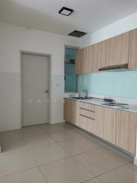 Kitchen features: light wood cabinetry, white countertop, stainless-steel sink, chrome pull-down faucet, built-in oven, 4-burner gas hob, glass backsplash, tile flooring, recessed downlights, window for natural light; style: modern.