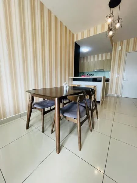 Dining features: wood dining table, 4 wooden dining chairs, striped wallpaper in beige and cream, white tiled flooring, pendant light fixture with multiple bulbs, open kitchen view, black cabinetry in kitchen, kitchen countertop visible; style: modern.