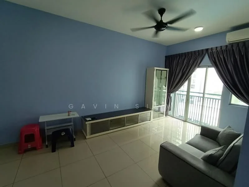 Living features: light blue painted walls, glossy beige tile flooring, 5-blade ceiling fan, recessed downlights, sofa in grey fabric, glass-fronted display cabinet, TV console, sliding glass door, curtains in dark fabric, small dining table, plastic chair in red, balcony view; style: modern; view: city.