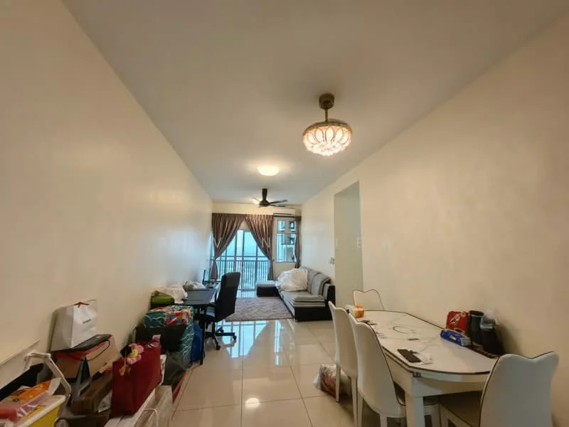 Living features: white painted walls, glossy tile flooring, 5-blade ceiling fan with light, chandelier, floor-to-ceiling windows, curtains, L-shape sectional sofa in white, area rug, dining table with white chairs, desk with chair, decorative items on table, boxes and bags on the floor; style: modern; view: city.
