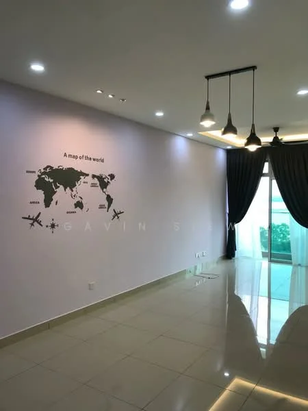 Room features: white painted walls, glossy tile flooring, recessed downlights, 3 pendant lights, floor-to-ceiling windows, blackout curtains, decorative wall art with world map, sliding glass door; style: modern; view: garden.