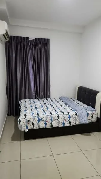 Bedroom features: queen-size bed with upholstered headboard, bedding with cartoon pattern, floor-to-ceiling window with dark curtains, white painted walls, glossy tile flooring, 1 wall-mounted split AC; style: modern.