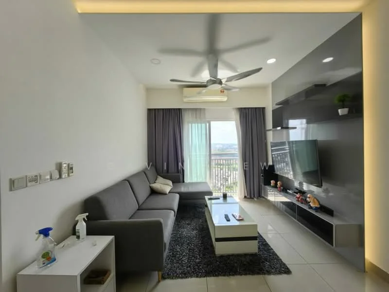 Living features: 3-seater fabric sofa in grey, coffee table with storage, wall-mounted TV, TV console, area rug with geometric pattern, 5-blade ceiling fan with light, recessed downlights, floor-to-ceiling windows, curtains in grey, white painted walls, polished tile flooring, decorative wall shelf with plants; style: modern; view: city.