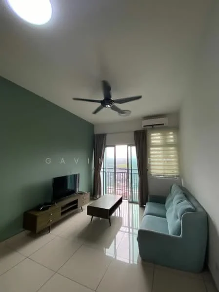 Living features: light green accent wall, white painted walls, floor-to-ceiling windows, sliding glass door, curtains, 3-blade ceiling fan, LED ceiling light, light-colored sofa, wooden coffee table, TV console, wall-mounted TV, ceramic tile flooring; style: modern; view: city.
