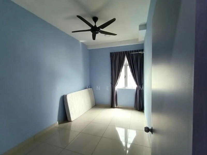 Bedroom features: light blue painted walls, white ceiling, ceiling fan, window with sheer curtains, tiled flooring, unmade bed mattress, dark curtains.