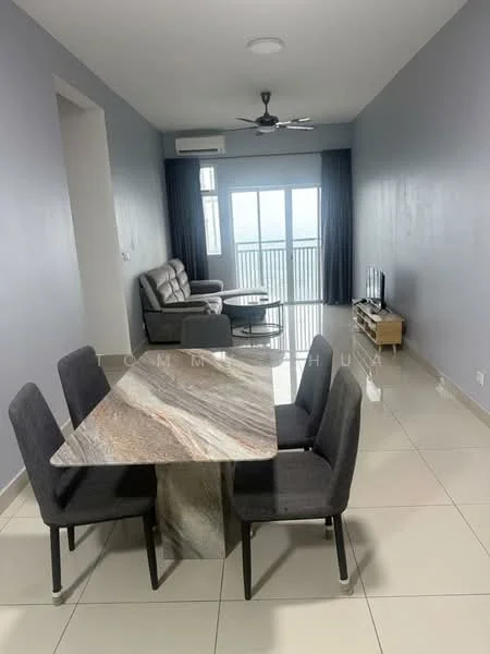 Living features: grey painted walls, white ceiling, 5-blade ceiling fan with light, floor-to-ceiling windows, sliding glass door, grey fabric sofa, coffee table with marble top, TV console, wall-mounted TV, tile flooring; style: modern; view: city. Dining features: 4-seater dining table with marble top, black upholstered dining chairs; style: modern.