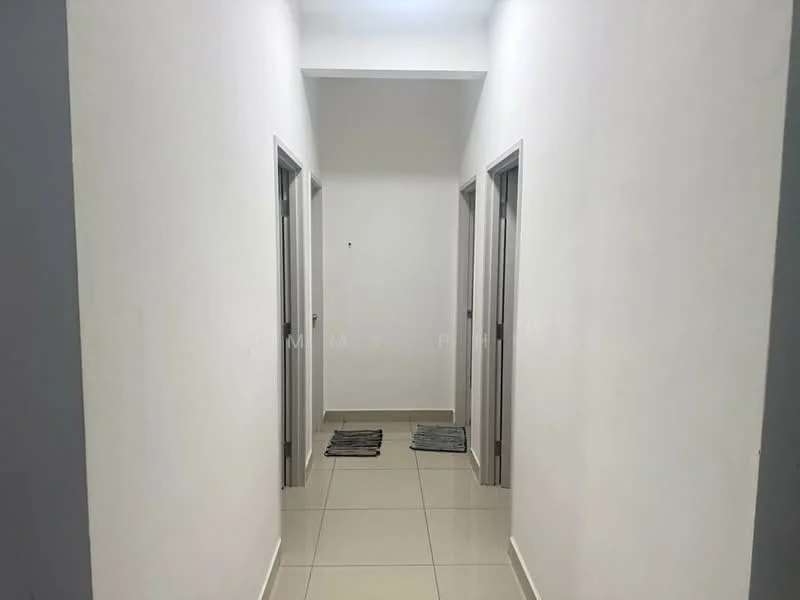 Hallway features: white painted walls, tile flooring, recessed ceiling lights, four doorways, two grey doormats.