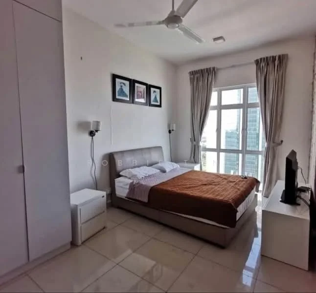 Bedroom features: king-size bed with brown bedspread, upholstered headboard, 2 bedside lamps, built-in wardrobe with sliding doors, floor-to-ceiling windows, curtains, wall-mounted TV, white ceramic tile flooring, ceiling fan with light, decorative wall art; style: modern; view: city.