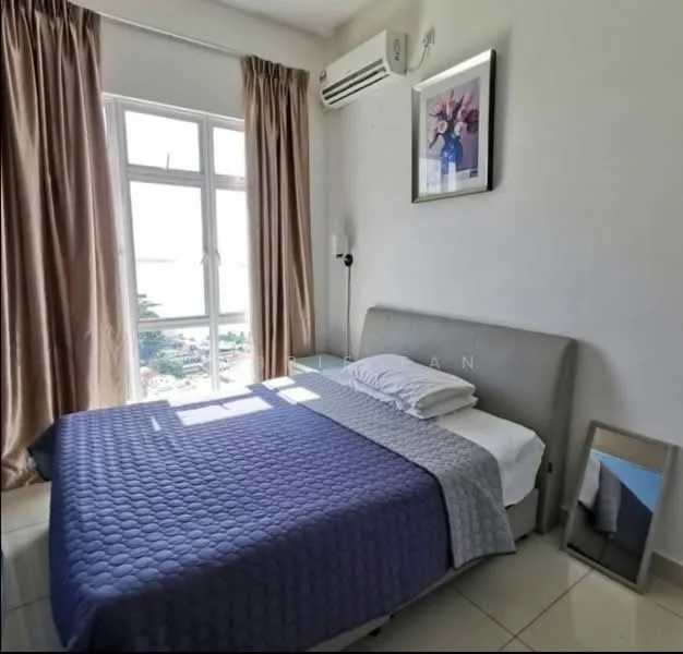 Bedroom features: queen-size bed with grey upholstered headboard, white bedding with grey throw blanket, floor-to-ceiling window, sheer curtains, wall-mounted air conditioning unit, framed artwork on wall, mirror on floor, tile flooring, light-colored painted walls; style: modern; view: city.