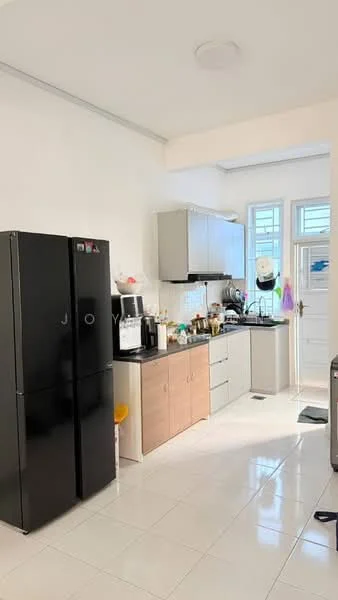 Kitchen features: black double-door fridge, built-in oven, stainless-steel sink, chrome pull-down faucet, white cabinetry with flat-panel design, wooden cabinetry, white tiled backsplash, ceramic tile flooring, window with sheer curtains, countertop space, kitchen island, wall-mounted cabinets, appliances on countertop; style: modern.
