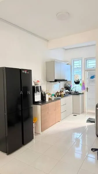 Kitchen features: black stainless-steel fridge, built-in oven, white cabinetry, wooden lower cabinets, white tiled backsplash, ceramic tile flooring, double-basin stainless-steel sink, chrome pull-down faucet, countertop with space for appliances, window above sink, kitchen utensils on countertop, light fixture on ceiling; style: modern.