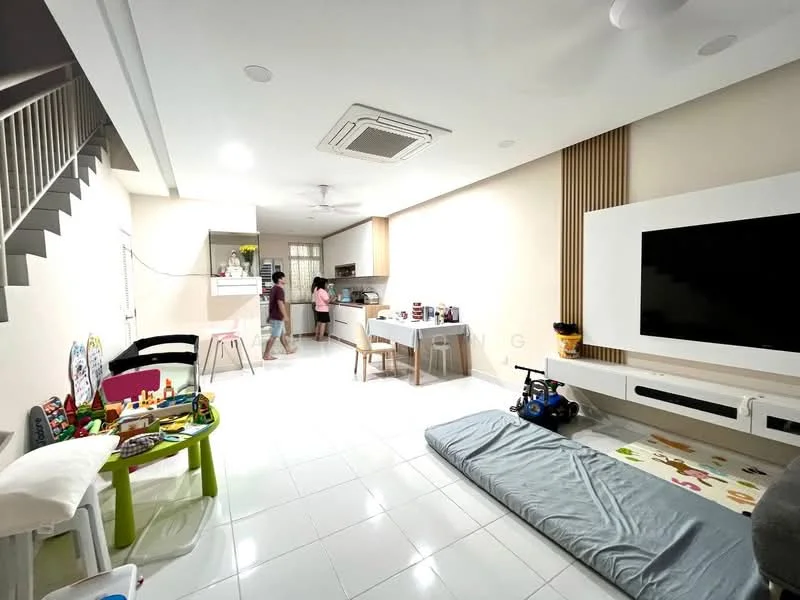 Living features: white painted walls, recessed downlights, 5-blade ceiling fan, large wall-mounted TV, white TV console, grey area rug, white tiled flooring, open layout to kitchen, sofa, children's play area with toys, dining table with chairs, kitchen island, air conditioning unit; style: modern. Kitchen features: white cabinetry, stainless-steel appliances, kitchen island, open layout to living area; style: modern.