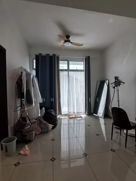 Room features: white painted walls, glossy tile flooring, 5-blade ceiling fan, floor-to-ceiling windows, sheer curtains, blackout curtains, full-length mirror, chair, laundry basket, clothing rack, decorative rug; style: modern.