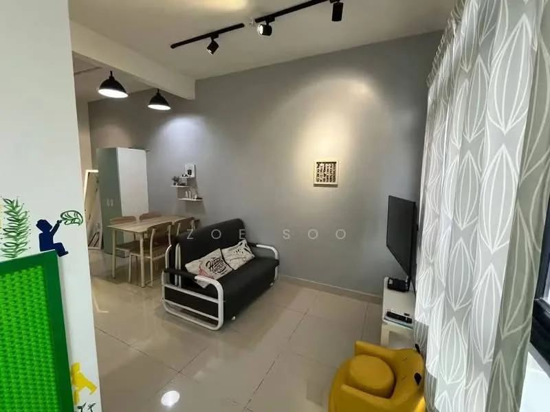 Living features: grey painted walls, white ceiling, recessed downlights, 3-seater fabric sofa in black and white, coffee table, wall-mounted TV, TV console, dining table for 4, yellow accent chair, floor tiles, curtains with geometric pattern, decorative wall art; style: modern.