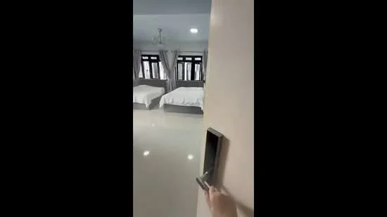 Bedroom features: two queen-size beds with white bedding, light grey upholstered headboards, white walls, polished tile flooring, large windows with black frames, sheer curtains, ceiling fan with light, recessed downlights, decorative wall mirror, nightstands beside each bed; style: modern.