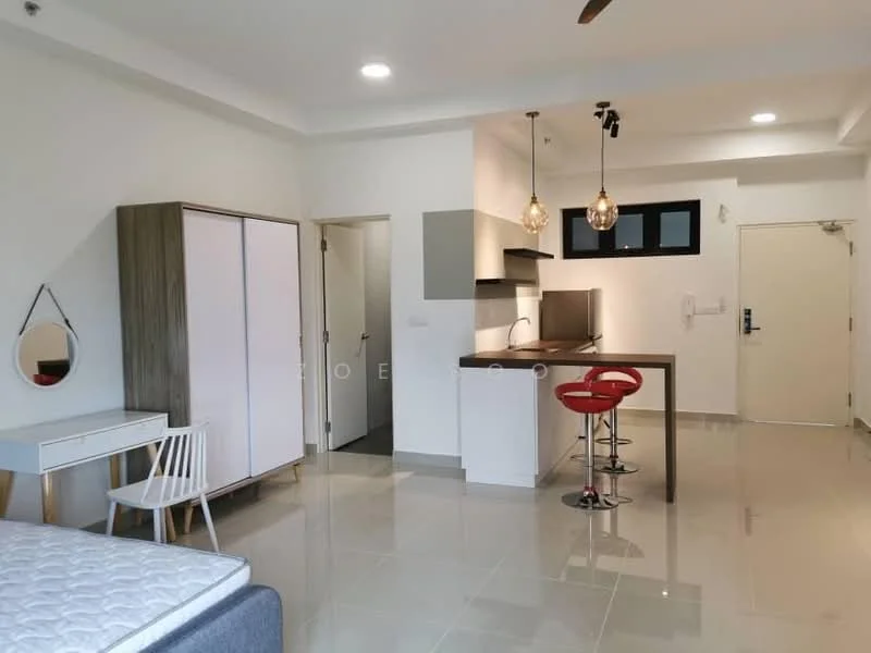 Living features: white painted walls, glossy tile flooring, recessed downlights, ceiling fan, kitchenette with countertop, stainless-steel sink, chrome pull-down faucet, bar stools, wooden dining table, built-in wardrobe, mirror, door to bathroom, door to entrance; style: modern.