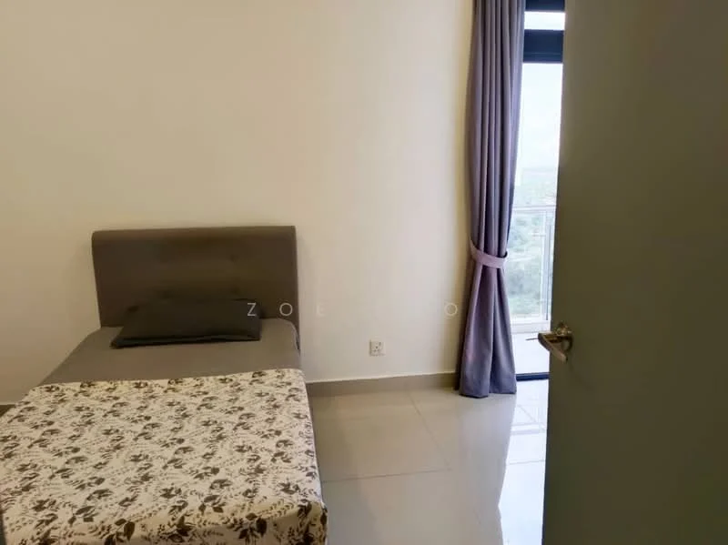 Bedroom features: single bed with grey upholstered headboard, floral patterned bedspread, grey curtains, floor-to-ceiling window, tile flooring, light-colored walls, decorative pillow, nightstand with no visible features; style: modern; view: city.