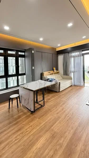 Living features: laminate flooring, grey painted walls, sofa bed, coffee table with marble top, floor-to-ceiling windows, sheer curtains, recessed LED downlights, built-in cabinetry, balcony door, city view; style: modern; view: city.