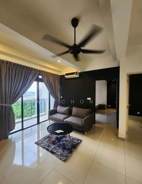 Living features: 3-seater fabric sofa in grey, round coffee table, area rug with geometric pattern, floor-to-ceiling windows, black accent wall, light-colored walls, recessed downlights, 5-blade ceiling fan, air conditioning unit, curtains, tile flooring; style: modern; view: city.